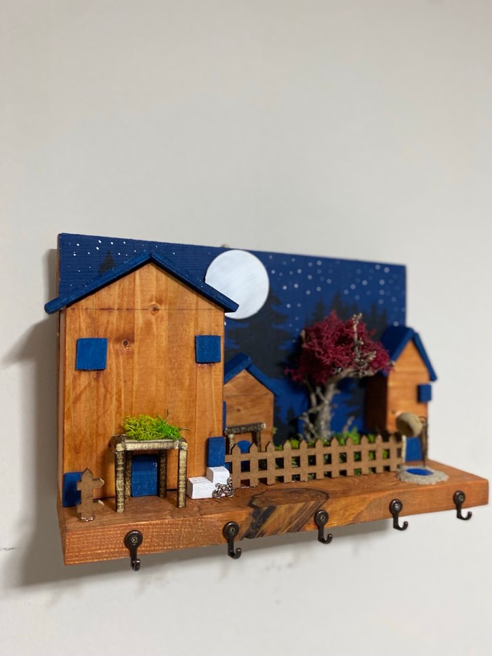 5 Kancalı El Yapımı Dekoratif Ahşap Evli Anahtarlık Askısı/30x20 - Görsel 2