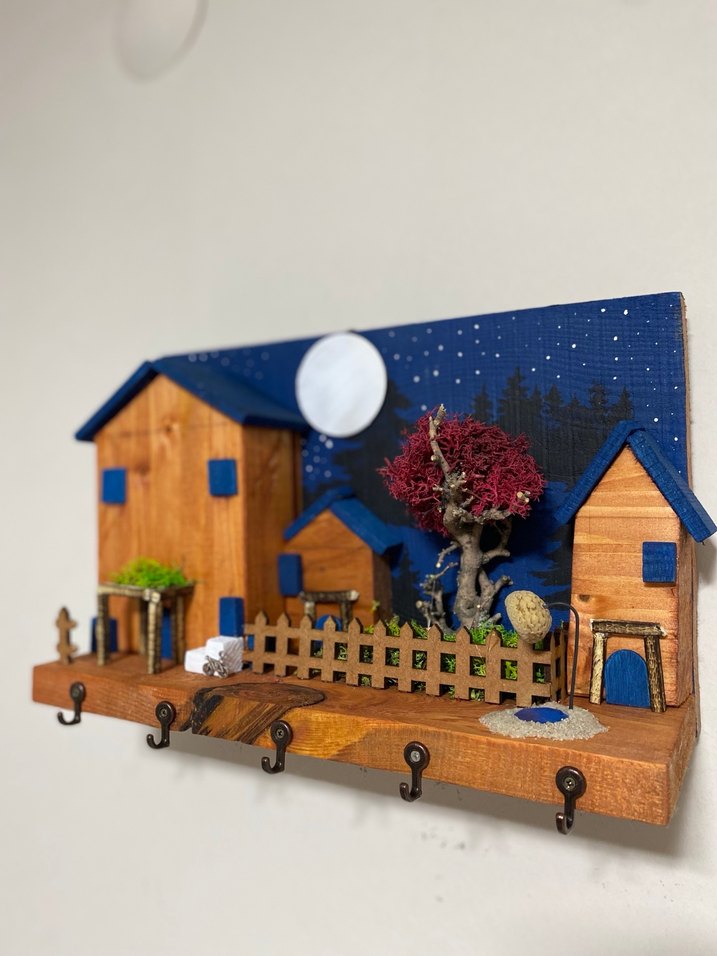 5 Kancalı El Yapımı Dekoratif Ahşap Evli Anahtarlık Askısı/30x20 - Görsel 3