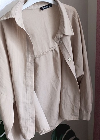 Bej Düğmeli Keten Kadın Gömlek - Görsel 2