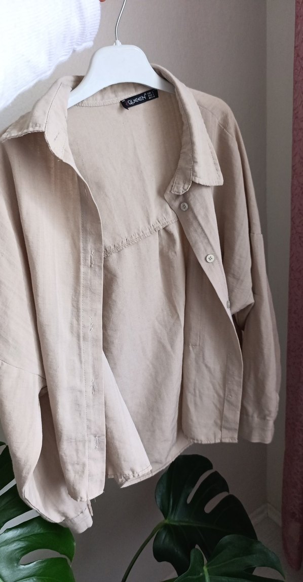 Bej Düğmeli Keten Kadın Gömlek - Görsel 2
