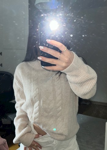 Bej Yüksek Yaka Örgü Kadın Kazak - Görsel 2