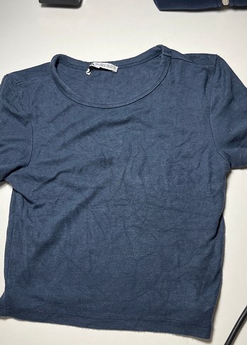 Mavi Denim Kısa Kollu Crop Top - Görsel 3