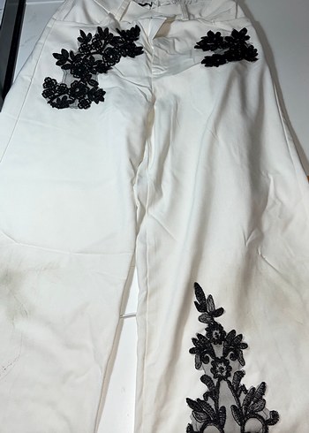 Dantel Detaylı Nakışlı Beyaz Kadın Pantolon - Görsel 3