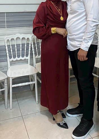 Bordo Uzun Kollu Drapeli Abiye Elbise - Görsel 3