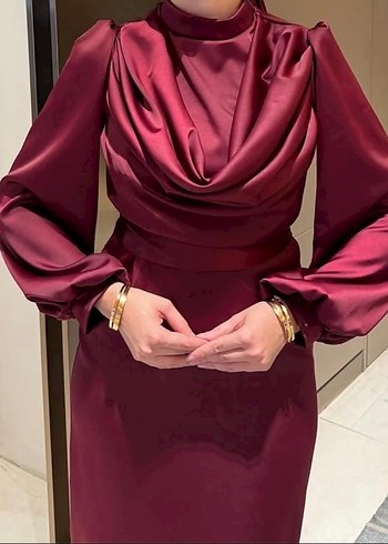 Bordo Uzun Kollu Drapeli Abiye Elbise - Görsel 2