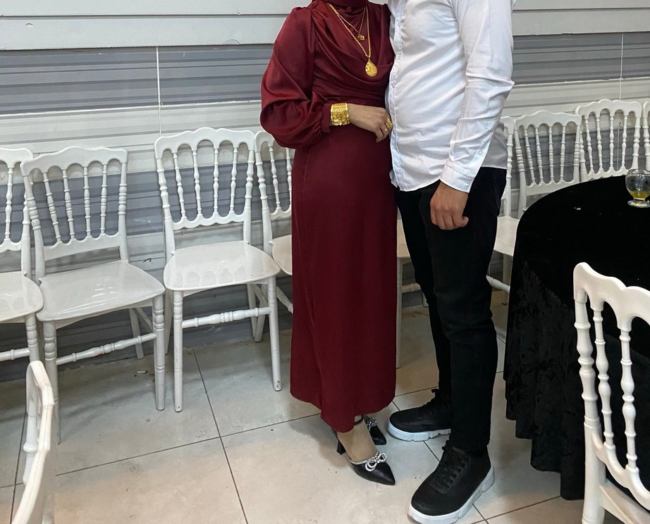 Bordo Uzun Kollu Drapeli Abiye Elbise - Görsel 3