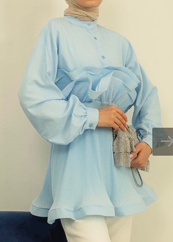 Mavi Pilili Keten Mini Bluz - Görsel 3