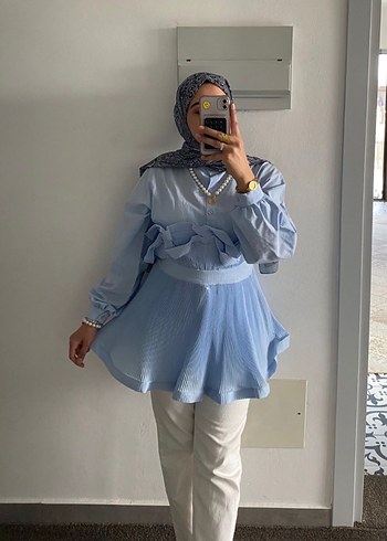 Mavi Pilili Keten Mini Bluz - Görsel 2