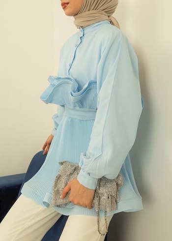 Mavi Pilili Keten Mini Bluz - Görsel 4
