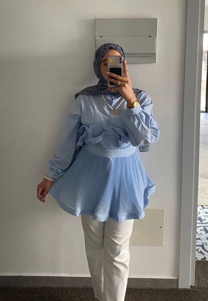 Mavi Pilili Keten Mini Bluz - Görsel 2