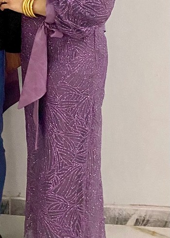 Uzun Kollu Mor Drapeli Abiye Elbise - Görsel 2