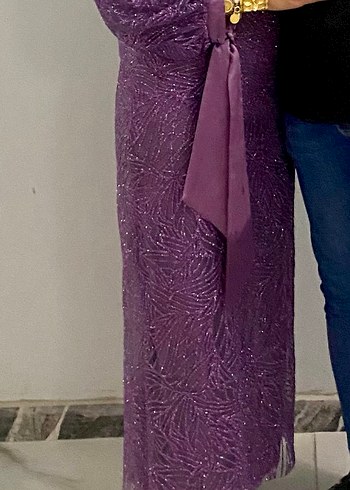 Uzun Kollu Mor Drapeli Abiye Elbise - Görsel 4