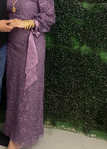 Uzun Kollu Mor Drapeli Abiye Elbise - Görsel 3