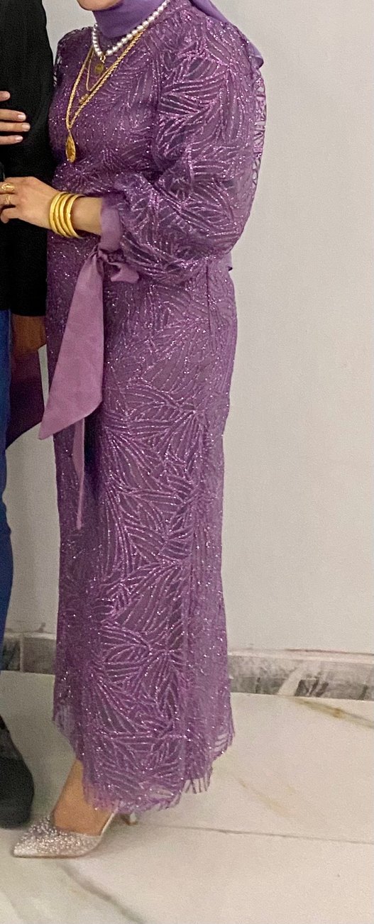 Uzun Kollu Mor Drapeli Abiye Elbise - Görsel 2