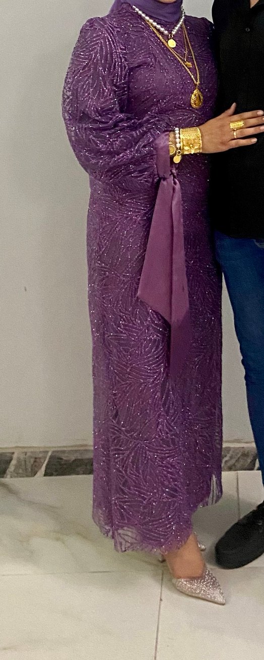 Uzun Kollu Mor Drapeli Abiye Elbise - Görsel 4