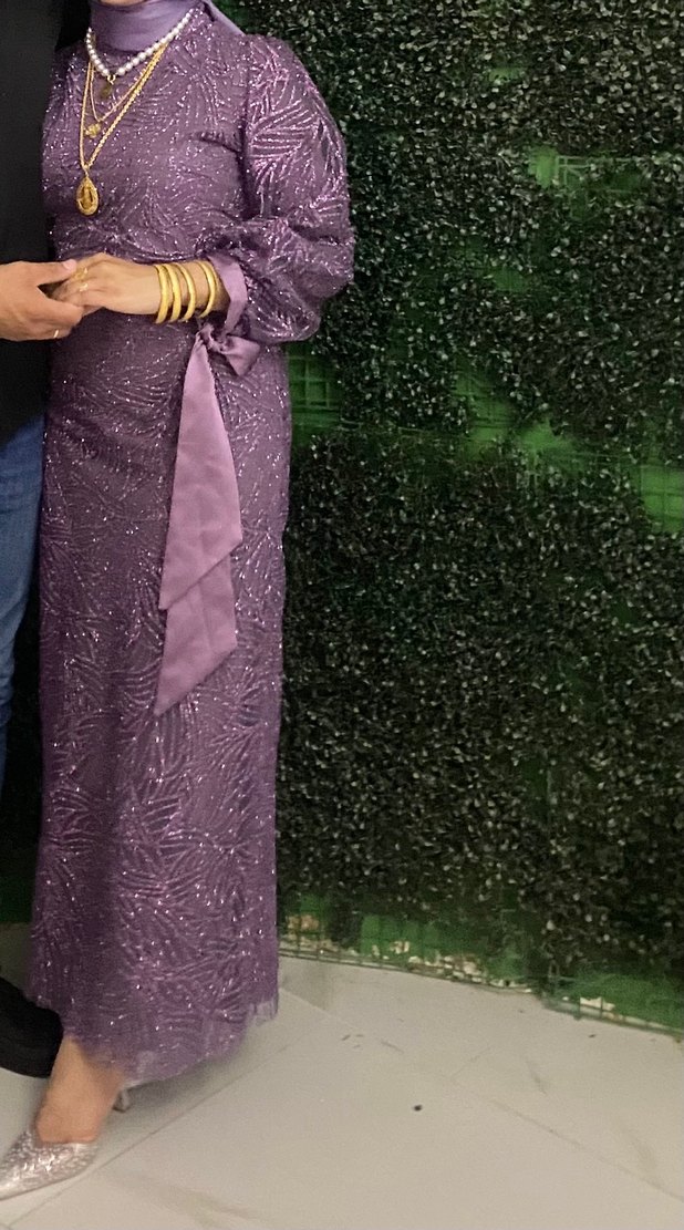 Uzun Kollu Mor Drapeli Abiye Elbise - Görsel 3