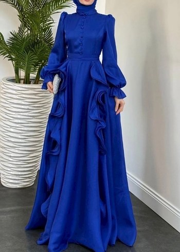 Mavi Uzun Kollu Fırfırlı Abiye Elbise - Görsel 3