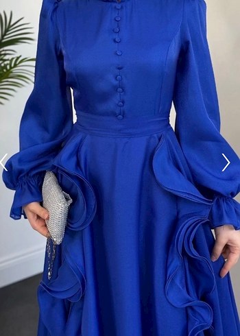 Mavi Uzun Kollu Fırfırlı Abiye Elbise - Görsel 2