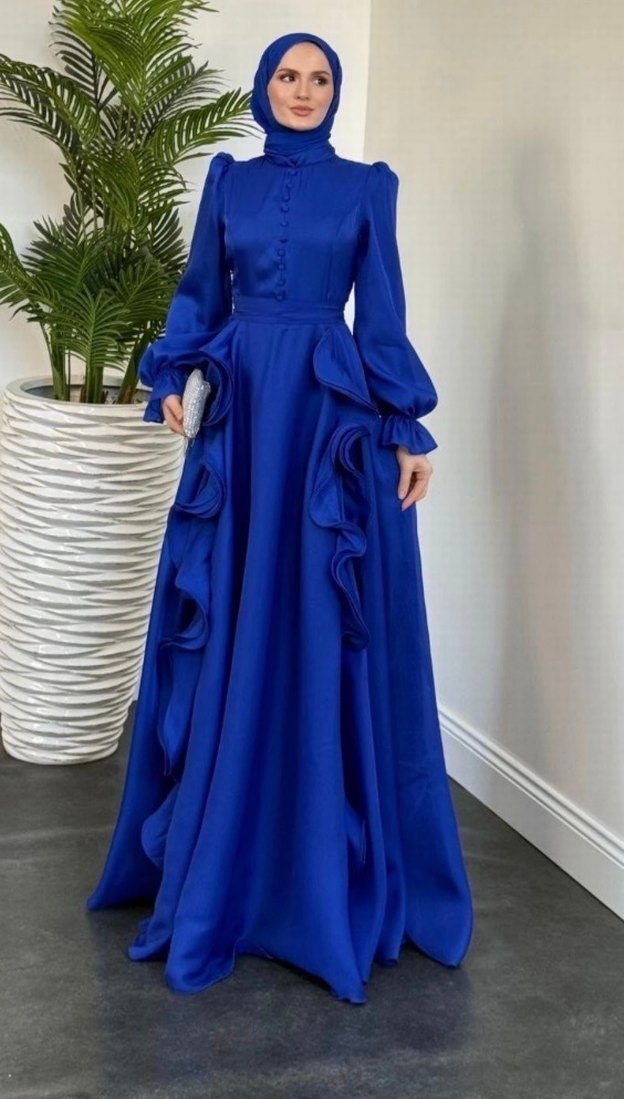 Mavi Uzun Kollu Fırfırlı Abiye Elbise - Görsel 3