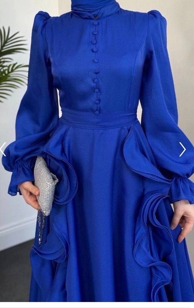 Mavi Uzun Kollu Fırfırlı Abiye Elbise - Görsel 2