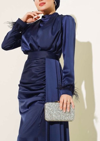 Uzun Kol Drapeli Lacivert Abiye Elbise - Görsel 3