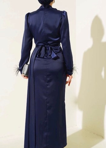 Uzun Kol Drapeli Lacivert Abiye Elbise - Görsel 4
