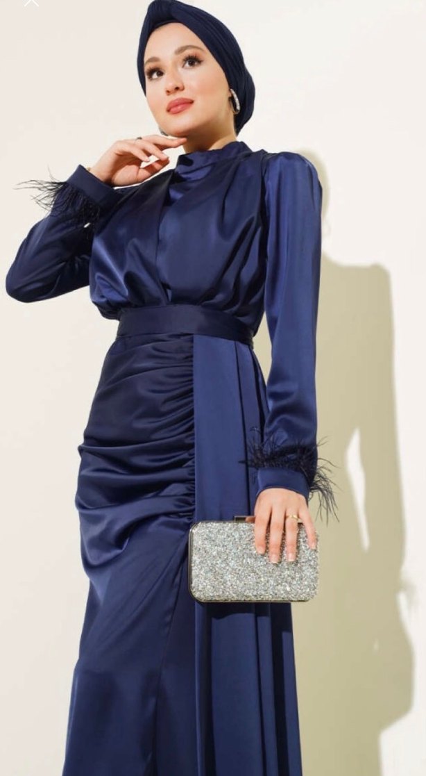 Uzun Kol Drapeli Lacivert Abiye Elbise - Görsel 3