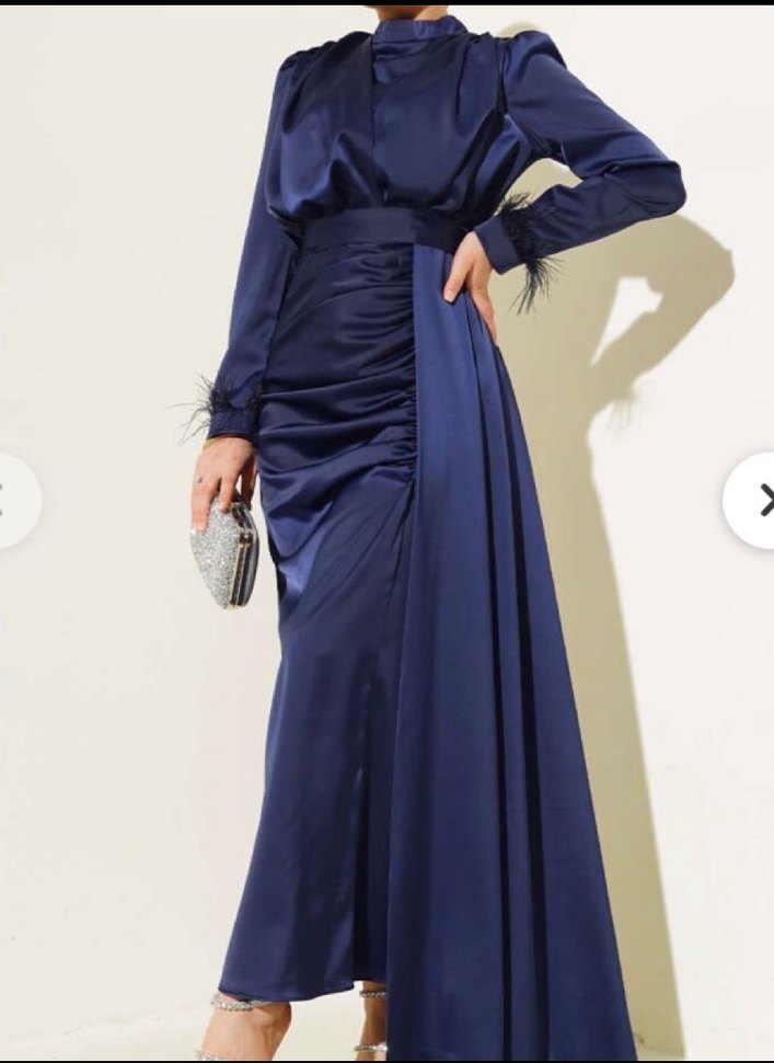 Uzun Kol Drapeli Lacivert Abiye Elbise - Görsel 2