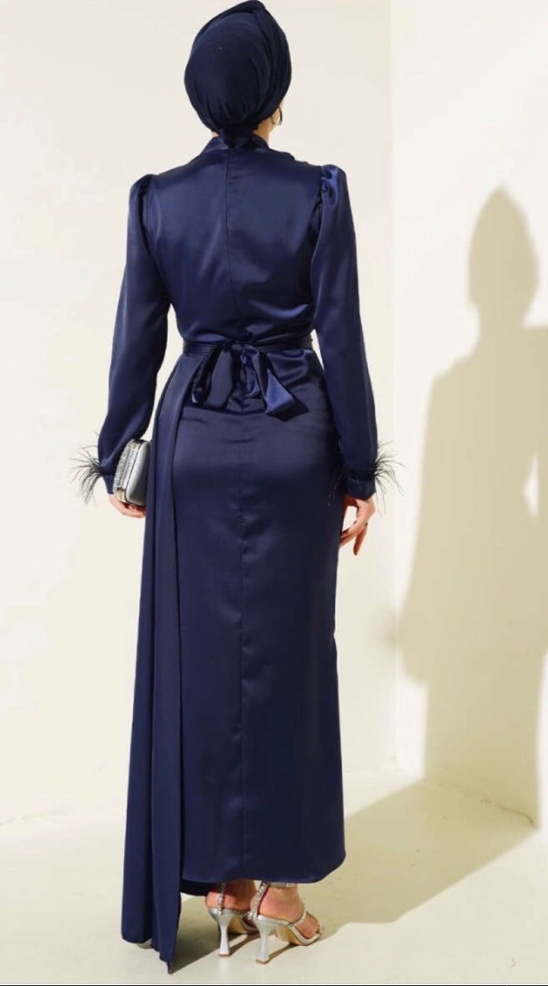 Uzun Kol Drapeli Lacivert Abiye Elbise - Görsel 4