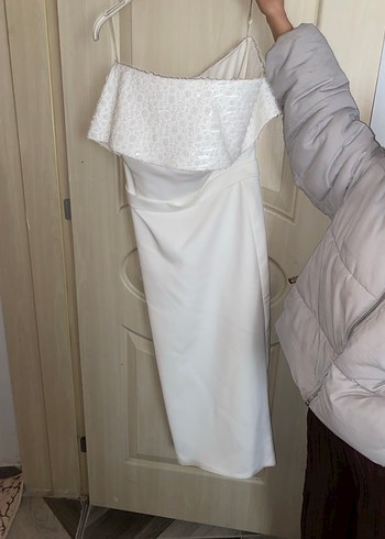 Beyaz Straplez Uzun Düz Gelinlik - Görsel 2