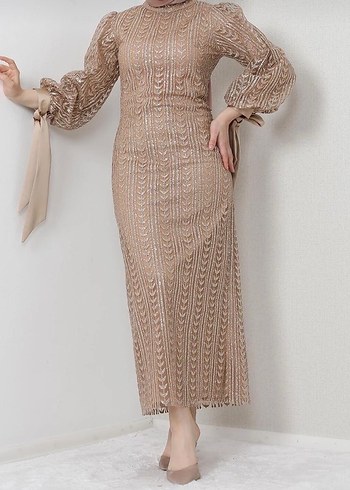 Bej Dantel Detaylı Uzun Abiye Elbise - Görsel 6