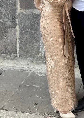 Bej Dantel Detaylı Uzun Abiye Elbise - Görsel 4