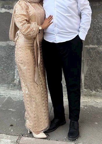 Bej Dantel Detaylı Uzun Abiye Elbise - Görsel 3