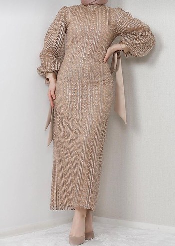 Bej Dantel Detaylı Uzun Abiye Elbise - Görsel 2