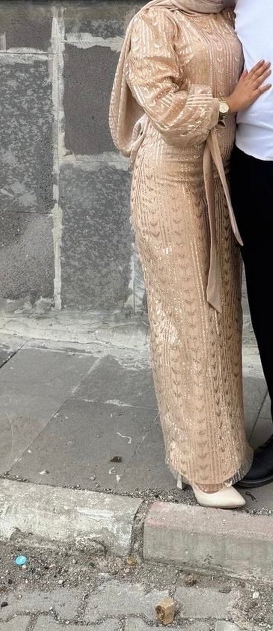 Bej Dantel Detaylı Uzun Abiye Elbise - Görsel 4