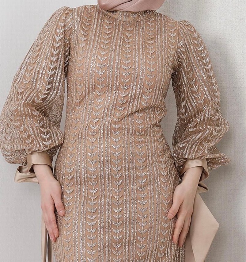 Bej Dantel Detaylı Uzun Abiye Elbise - Görsel 5