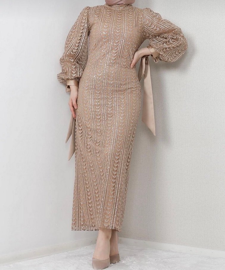 Bej Dantel Detaylı Uzun Abiye Elbise - Görsel 2