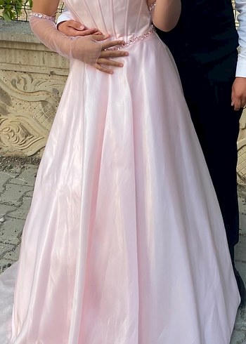 Pudra Pembe Uzun Drapeli Straplez Abiye - Görsel 2