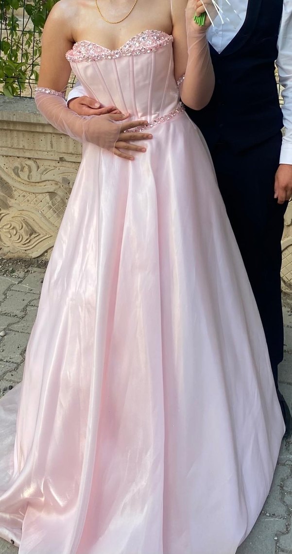 Pudra Pembe Uzun Drapeli Straplez Abiye - Görsel 2