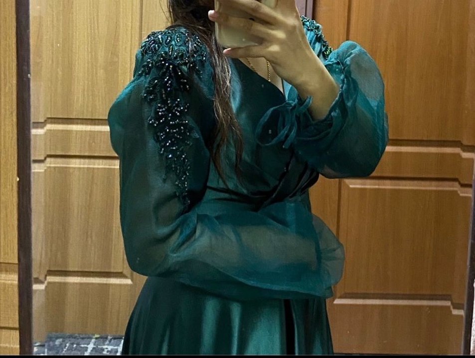 Uzun Turkuaz V Yaka Drapeli Kadın Elbise - Görsel 3