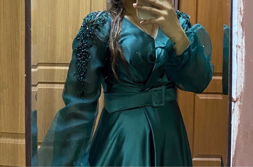 Uzun Turkuaz V Yaka Drapeli Kadın Elbise - Görsel 2