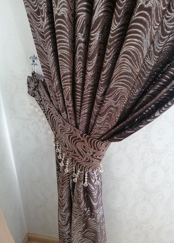 Modern Klasik Desenli 2 adet kahverengi fon Perde - Görsel 4