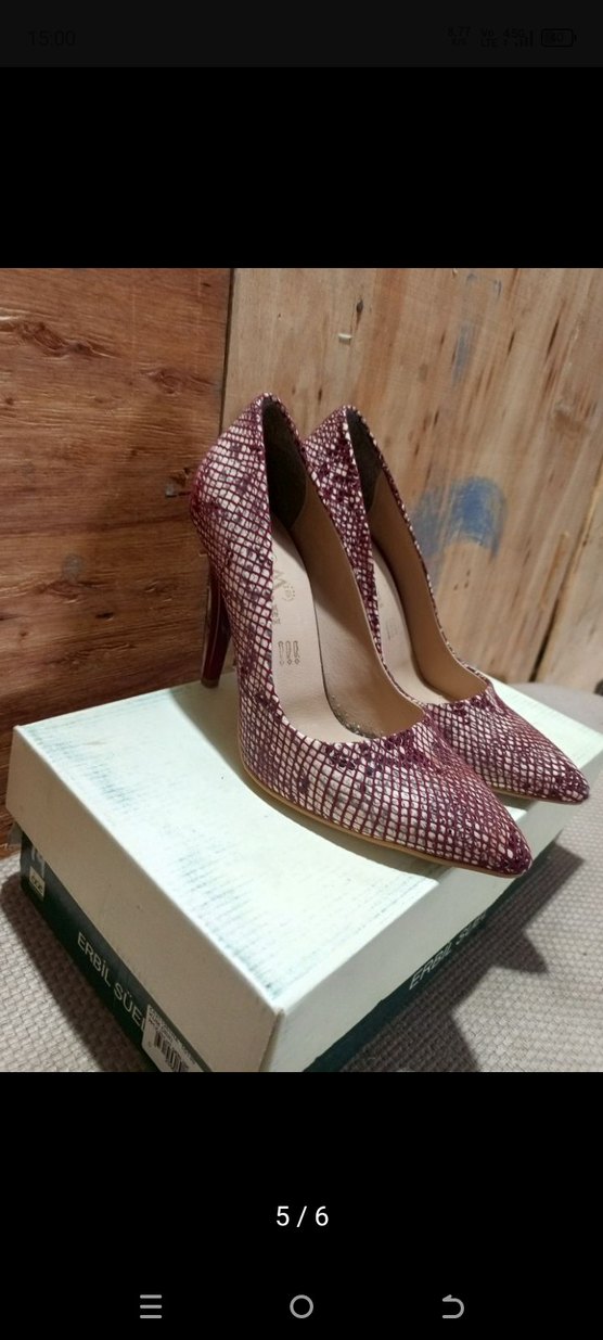 Bordo Yılan Desenli Süet Stiletto - Görsel 5