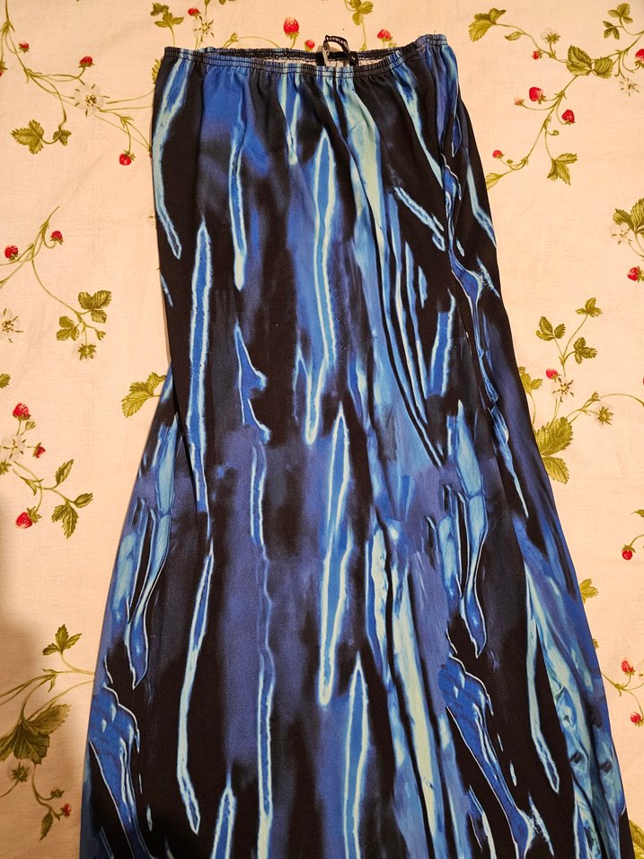 Kadın Mavi Straplez Midi Mavi Desenli Elbise - Görsel 2