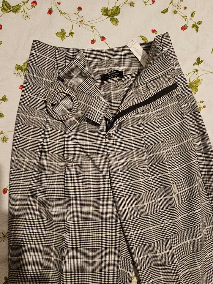 Bershka M Beden Kemerli Gri Ekose Kadın Kumaş Pantolon - Görsel 2
