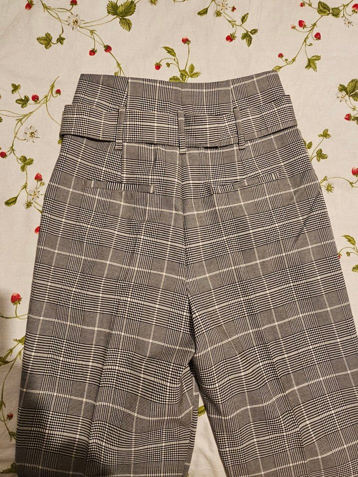 Bershka M Beden Kemerli Gri Ekose Kadın Kumaş Pantolon - Görsel 5