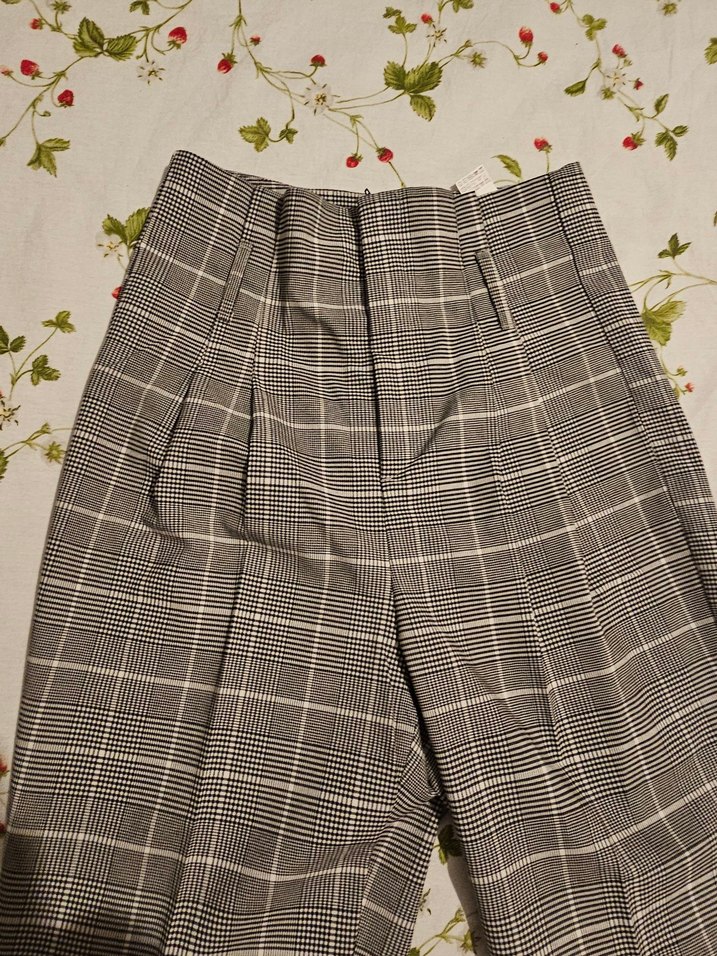 Bershka M Beden Kemerli Gri Ekose Kadın Kumaş Pantolon - Görsel 4