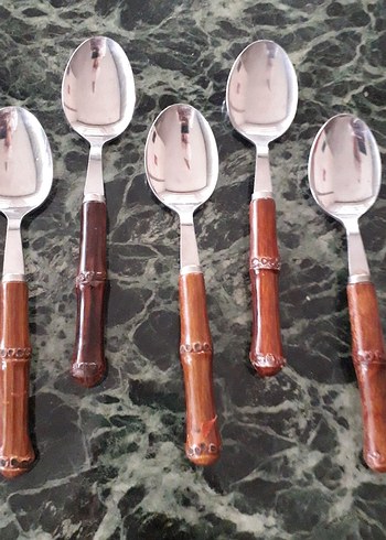 Kahverengi bambu Saplı Paslanmaz Çelik Kaşık Seti - Görsel 3