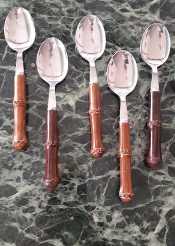 Kahverengi bambu Saplı Paslanmaz Çelik Kaşık Seti - Görsel 2