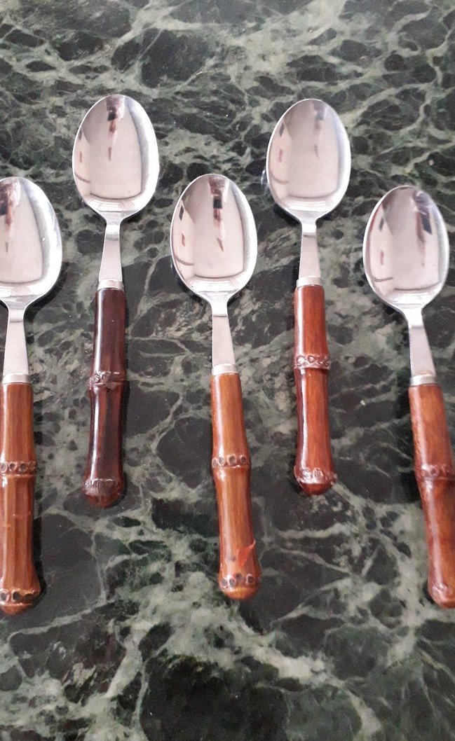 Kahverengi bambu Saplı Paslanmaz Çelik Kaşık Seti - Görsel 3